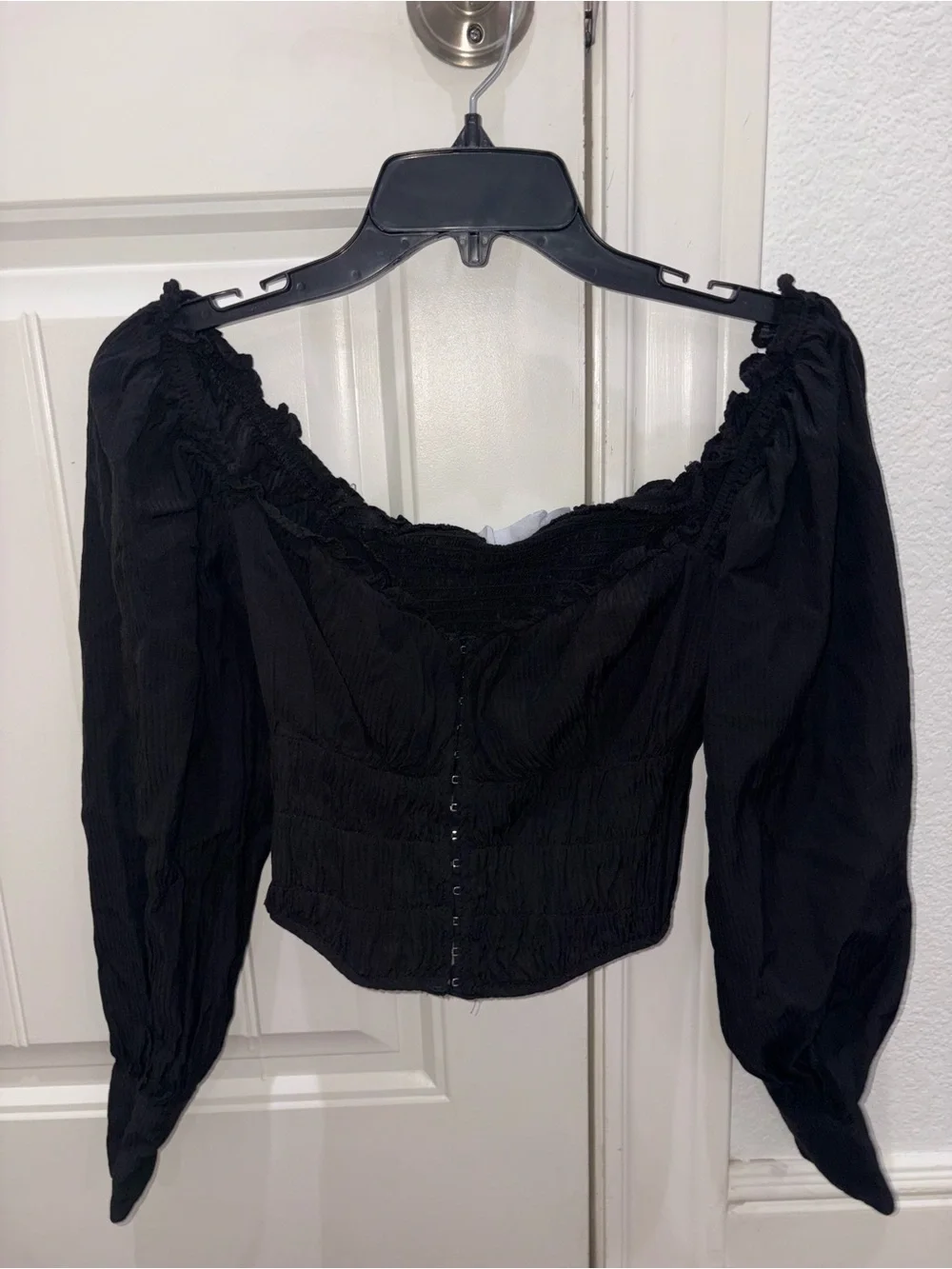 Black Women's Peasant Blouse - Classic Ruched Top Corset Small